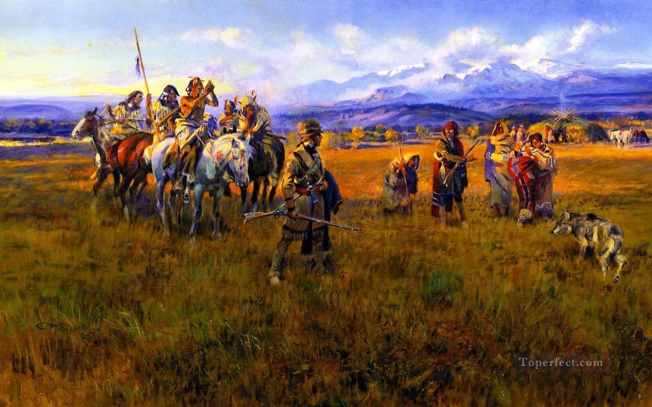 Lewis und Clark erreichen Shoshone Camp geführt von Sacajawea die Vogelfrau 1918 Charles Marion Russell Indianer Ölgemälde